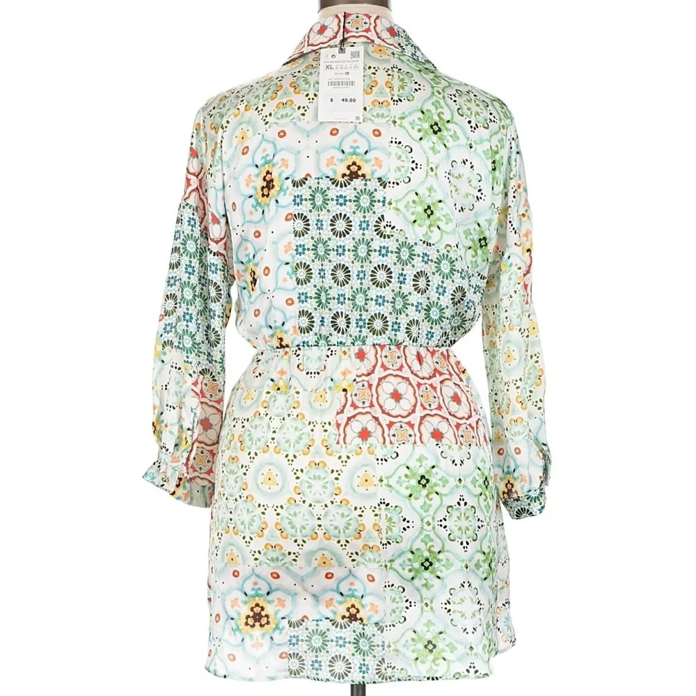 Zara Mixed Print Shirt Dress Mini Multicolor Floral Geometric Button Front XL - Picture 3 of 8